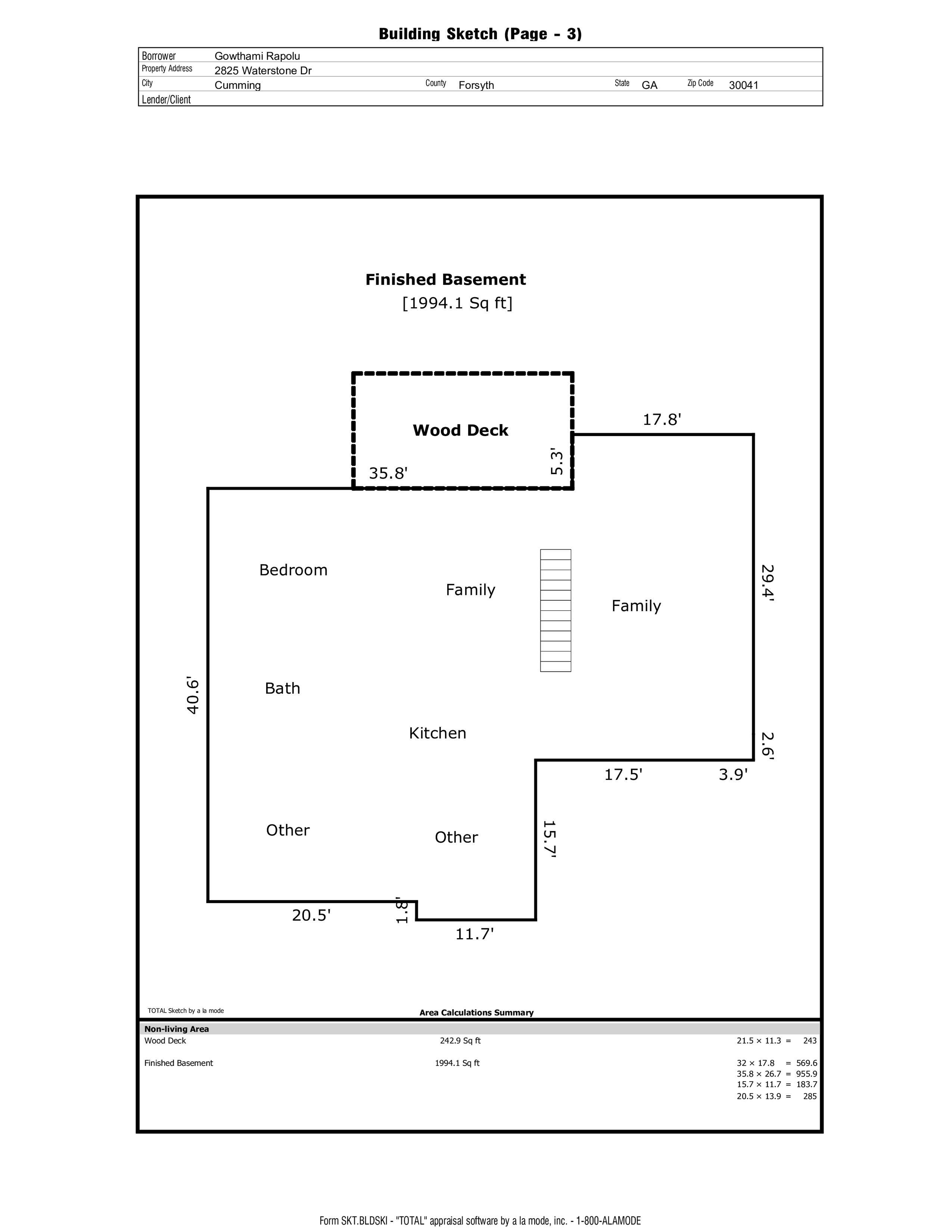 Enhanced finished-basement plan showing the terrace level and separated rooms